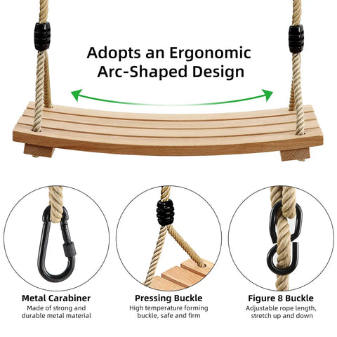Beech Wood Tree Swing Seat With Adjustable Rope For Kids, ergonomic design with non-slip ridges, rope buckles and carabiners