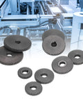 Heavy Duty 9 Piece Metal Gear Set For Mini Lathe Precision Machined gears in various sizes and tooth counts on a workshop backdrop.