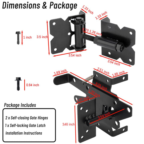 Heavy Duty Built To Last Self Closing Gate Hinge And Self Locking Latch Hardware Kit dimensions and package contents