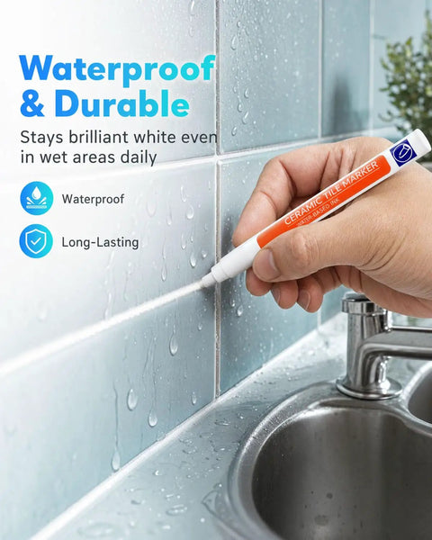 Hand using Grout Fix Pen For Tile Grout Lines Waterproof Tile Repair Marker For Ceramic Walls And Floors Quick DIY Refresh