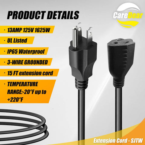 Heavy Duty 15 Ft Extension Cord Built Damn Tough With 3 Prong Grounded Plug 16 AWG Weather Resistant Outdoor Power Cable For Shop Tools And Gear Flame Retardant Flexible Black with UL listed plugs and waterproof features.