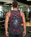 Premium Mens Workout Tank Top With Dope Mechanical Flower Gears Stars Print shown from the back in gym setting.