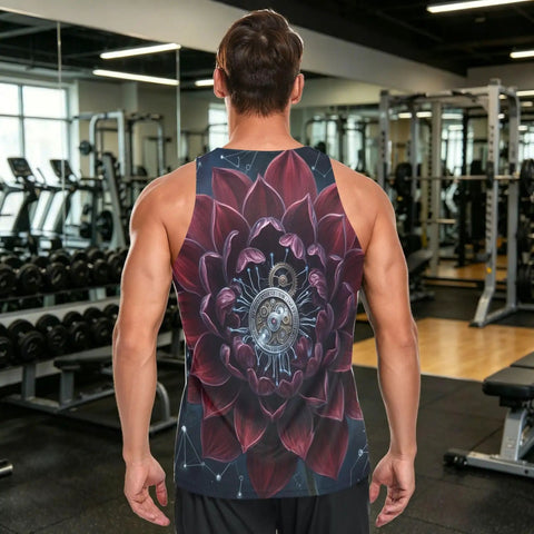 Premium Mens Workout Tank Top With Dope Mechanical Flower Gears Stars Print shown from the back in gym setting.