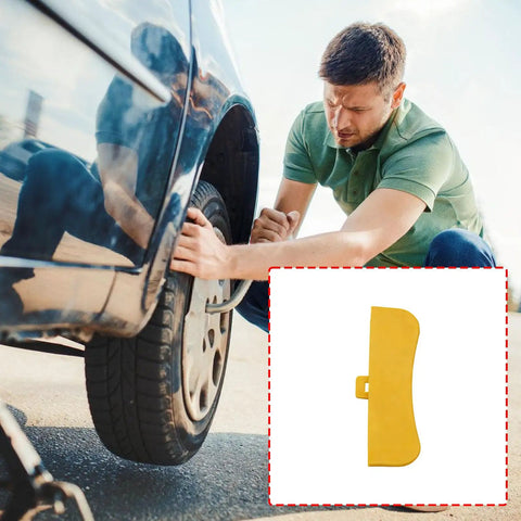 Man changing a tire with inset of Tire Changer Protective Cover And Guard For Auto Shop Pros, Yellow Tire Machine Shield To Prevent Damage To Changer Heads And Components, Durable Gear For Garages And Service Centers