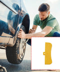 Man changing a car tire with yellow Protective Cover for Tire Changer Demount Head and Wheel Rims Edges shown inset.