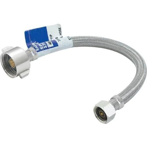 16 Inch Stainless Steel Braided Toilet Water Supply Line With 7/8 Inch Ballcock Outlet And 1/2 Inch FIP Inlet in a coiled position.