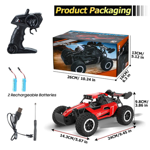 Ultra Fast 2.4GHz Remote Control Monster Truck For Kids 3 4 5 6 7 Plus packaging and accessories display.