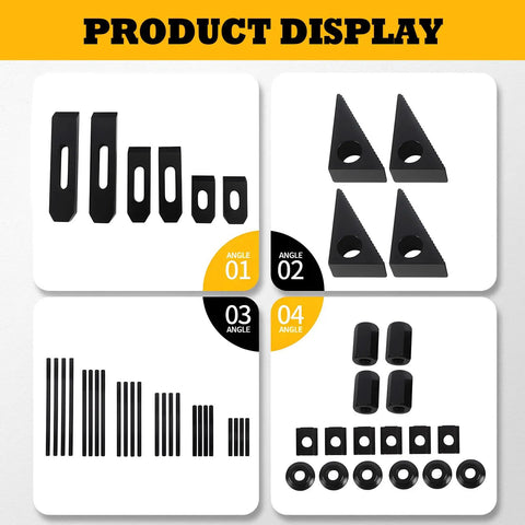 Heavy Duty Hold Down Clamp Kit For Milling CNC, 58 Pcs showing steel parts, T-slot nuts, and studs for machining setup.