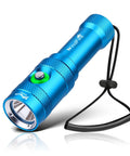 Ultra Bright Scuba Diving Light With 3 Modes And Power Indicator, blue, IP68 waterproof, rechargeable torch for underwater use.