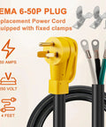 Heavy Duty 4 Foot Nema 6 50P Pigtail Power Cord Built Tough Hardwire Cable Featuring 6Awg 3C Copper Wiring Quick Swap Design Rated 50 Amps For Rv close-up of NEMA 6-50P plug with fixed clamps and wiring.