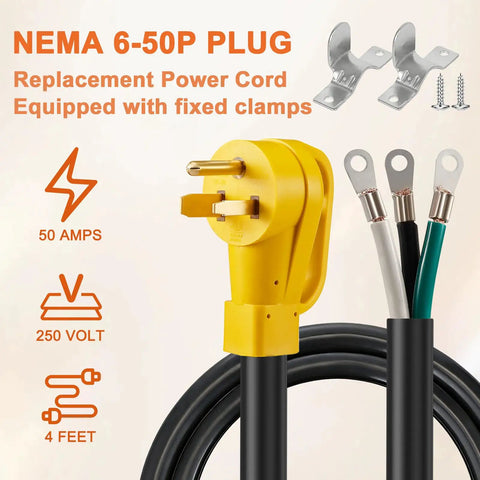 Heavy Duty 4 Foot Nema 6 50P Pigtail Power Cord Built Tough Hardwire Cable Featuring 6Awg 3C Copper Wiring Quick Swap Design Rated 50 Amps For Rv close-up of NEMA 6-50P plug with fixed clamps and wiring.
