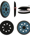 Heavy Duty 5 Inch Sanding Backing Pad With 8 Holes For Killer Dust Control Fits Most Random Orbit Sanders shown from multiple angles.
