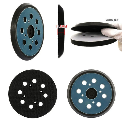 Heavy Duty 5 Inch Sanding Backing Pad With 8 Holes For Killer Dust Control Fits Most Random Orbit Sanders shown from multiple angles.