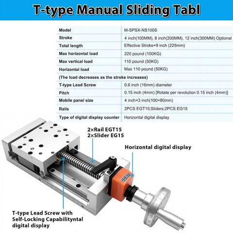Manual Linear Stage Sliding Table With Digital Readout Z Axis T Type Screw Double Rail 12 Inch Stroke 300mm Travel Heavy Duty