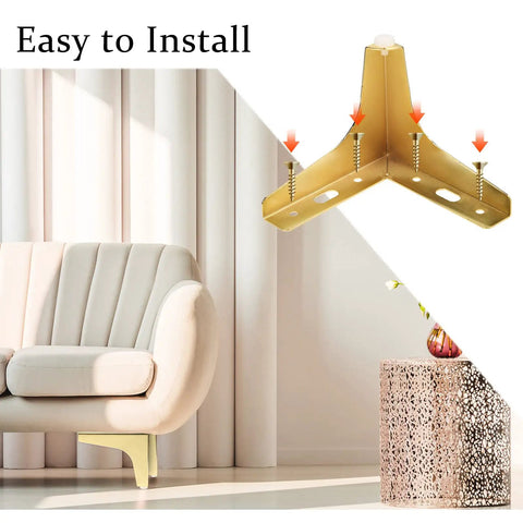 Gold 4 Inch Metal Furniture Leg Set 12 Pack Replacement Feet For Table Cabinet Sofa Dresser Couch Cupboard Chairs Ottoman Includes 48 Screws And Triangle Mount For Quick Durable Modern Makeover, shown under a sofa with installation detail