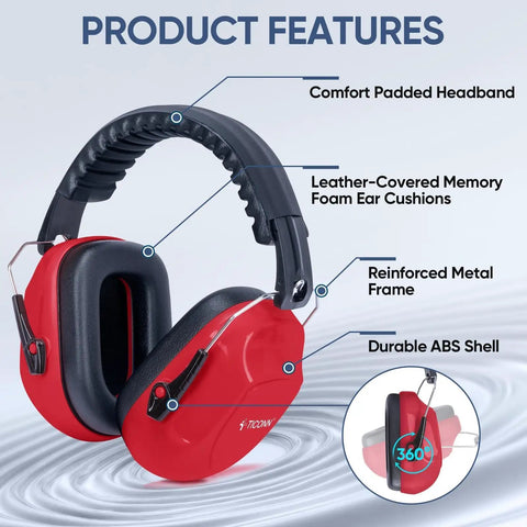 Adult Noise Canceling Earmuffs With 26dB NRR For Hearing Protection, red earmuffs with padded headband and memory foam cushions