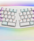 Alice Ergonomic Mechanical Keyboard With Rock Solid Aluminum Frame And Tri Mode Wireless Bluetooth Pairing Hot Swap Qmk Via Tuning Knockout Rgb Lighting Plus Pillow Wrist Rest For Smooth All Day Typing Vibes close-up of split keyboard with RGB backlight and removable wrist rest
