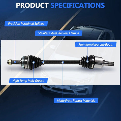 Front Right Passenger Side Heavy Duty CV Axle For 2013 Through 2019 Mitsubishi Outlander Sport FWD And 2008 Through 2017 Mitsubishi Lancer Auto CVT Trans NCV51012 Joint Shaft Assembly, shown with neoprene boots and ABS ring