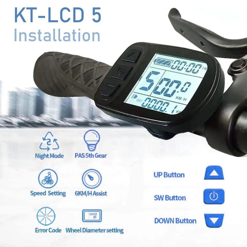 KT LCD5 installation displaying speedometer and control buttons for LCD5 Display Meter Intelligent Control Panel For Electric Bikes 24V 36V 48V 52V SM Plug Multi Information Conversion Kit Display With Speedometer And Parameter Tuning For KT Controller Ride Ready.