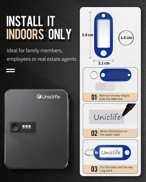 Instructions for using Heavy Duty Steel Key Wall Cabinet With Twenty Spaced Out Hooks And Three Digit Combo Lock indoors only.