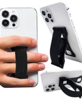 Premium Silicone Phone Strap Grip With Magnetic Mount And Kickstand For Smartphones And Tablets One Handed Texting And Selfies Waterproof And Easy To Clean Black On Black Base shown installed on smartphone, demonstrating one-handed texting grip and kickstand functionality.