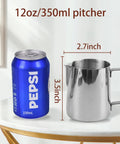 12 Oz 350 Ml Stainless Steel Espresso Milk Frothing Pitcher With Latte Art Pen for Home Barista Use next to a soda can.