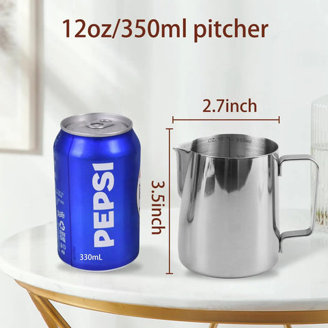 12 Oz 350 Ml Stainless Steel Espresso Milk Frothing Pitcher With Latte Art Pen for Home Barista Use next to a soda can.