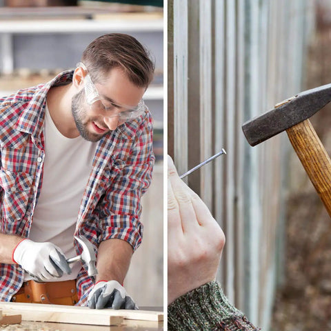 Man using 400 Piece Hardware Nails Kit For Picture Hanging Galvanized Nails In Seven Size Ranges for DIY project with hammer.