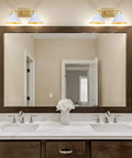 Bathroom mirror with white and gold modern metal vanity light wall sconce with cone shade, UL listed, installed above