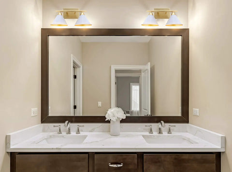 Bathroom mirror with white and gold modern metal vanity light wall sconce with cone shade, UL listed, installed above