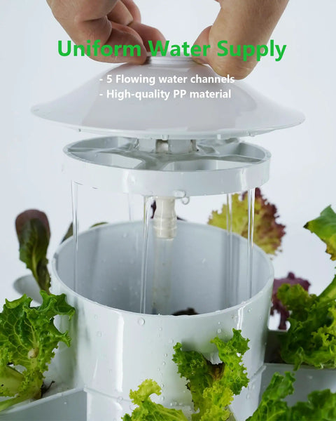 Hands adjusting the lid of a Vertical Indoor Hydroponic Tower Garden System With 30 Pods, showing auto water circulation feature