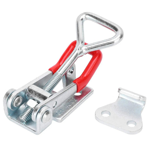 Killer Grade Zinc Plated Toggle Clamp Featuring Quick Release Lever Keeps BBQ Smoker Lids Snapped Shut And Holds DIY Jigs Steady On Any Welding Workbench Project with red handle.
