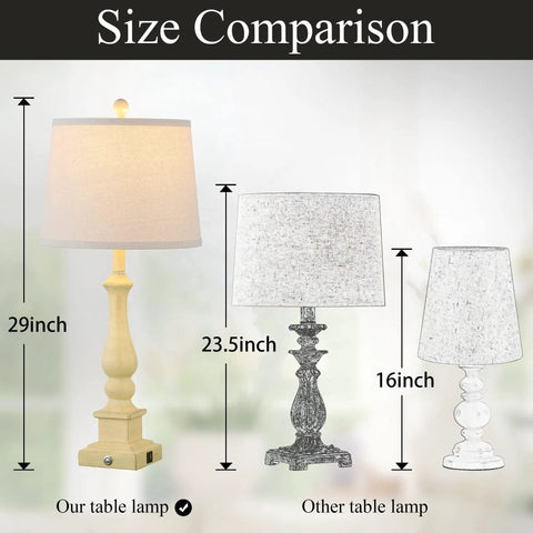 Size comparison chart of Three Way Dimmable Touch Control Table Lamps Set Of 2 with USB Charging Ports and other lamps.