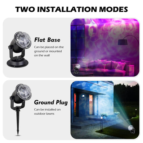 Outdoor Christmas Halloween Projector Lights For Yard With 15 Colors Water Wave Ocean Effect, shown in flat and ground plug modes