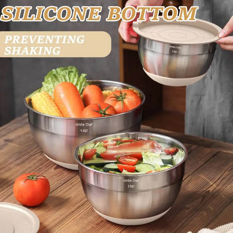 26 Piece Stainless Steel Mixing Bowls Set With Airtight Lids And Grater Attachments Non Slip Bottoms Khaki used for meal prep