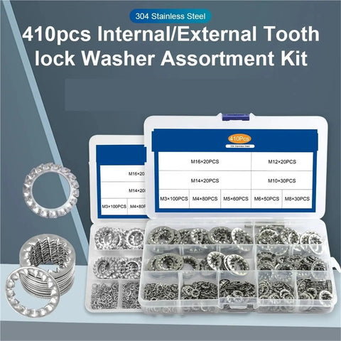 Internal Star Tooth Lock Washers Assortment Kit featuring 410 and 820 pieces in a plastic organizer box
