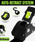 Close-up of Self Retracting Ratchet Straps 4 Pack Lock It Down Heavy Duty Tie Down Strap showing auto-retract button and rubber-coated S-hooks.
