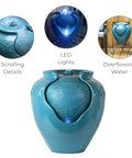 Teal Glazed Pot Water Fountain With Built In Led Light And Pump For Outdoor And Indoor Use, Chill Patio Garden Backyard Deck Decor