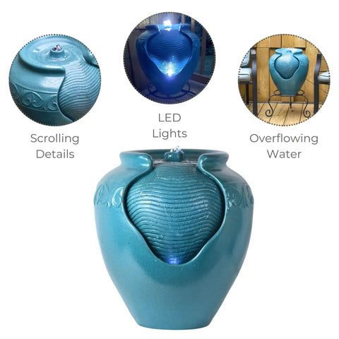 Teal Glazed Pot Water Fountain With Built In Led Light And Pump For Outdoor And Indoor Use, Chill Patio Garden Backyard Deck Decor