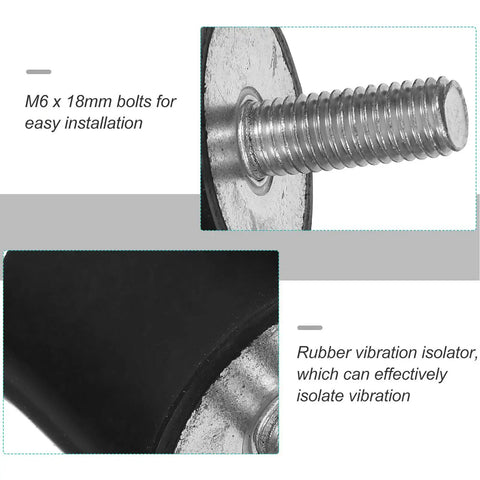 4 Pack Rubber Vibration Isolator Mounts With Galvanized Steel M6x18 Studs close-up, black rubber and steel bolt