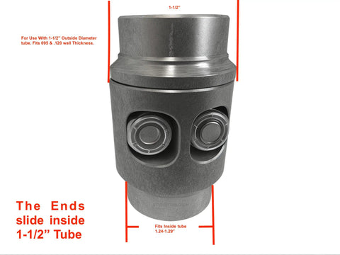 Straight Shot 1 1/2 Inch Tube Connector Adapter Weld Fabrication Bung With Versaslot Nut Holder Easy Grip For Hot Rod Rig And Custom Car Whips Built To Rock Made In Usa, showing a detailed front view with measurement indicators.
