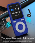 64GB Bluetooth MP3 Player With HiFi Lossless Sound, Built-In Speaker, Voice Recorder, and Shuffle in blue with earbuds