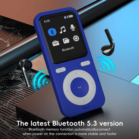 64GB Bluetooth MP3 Player With HiFi Lossless Sound, Built-In Speaker, Voice Recorder, and Shuffle in blue with earbuds