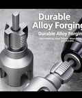 Heavy Duty Pipe Threader Kit For 1/2 And 3/4 Inch NPT Pipes With Internal External Reamer Tool, durable alloy construction close-up.