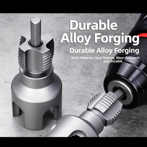 Heavy Duty Pipe Threader Kit For 1/2 And 3/4 Inch NPT Pipes With Internal External Reamer Tool, durable alloy construction close-up.