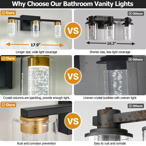Comparison between Dope Gold and Black 3 Light Vanity Light with crystal bubble glass and other fixtures, highlighting size and quality.