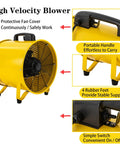 Beefy 16 Inch High Velocity Portable Blower Fan With 1100W Copper Motor, yellow body, handle, rubber feet, switch detail.