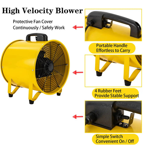 Beefy 16 Inch High Velocity Portable Blower Fan With 1100W Copper Motor, yellow body, handle, rubber feet, switch detail.
