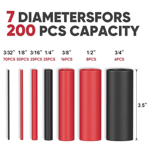 Image showing 7 different diameters of 4 to 1 Heat Shrink Tubing Kit With Extra Length Tubes 200 pcs Adhesive Lined Dual Wall Waterproof Shrink Tubing.
