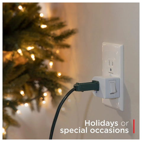 Grounded Power Switch 2 Pack Outlet Extender With On Off Button, 3 Prong Adapter in use with holiday lights, white